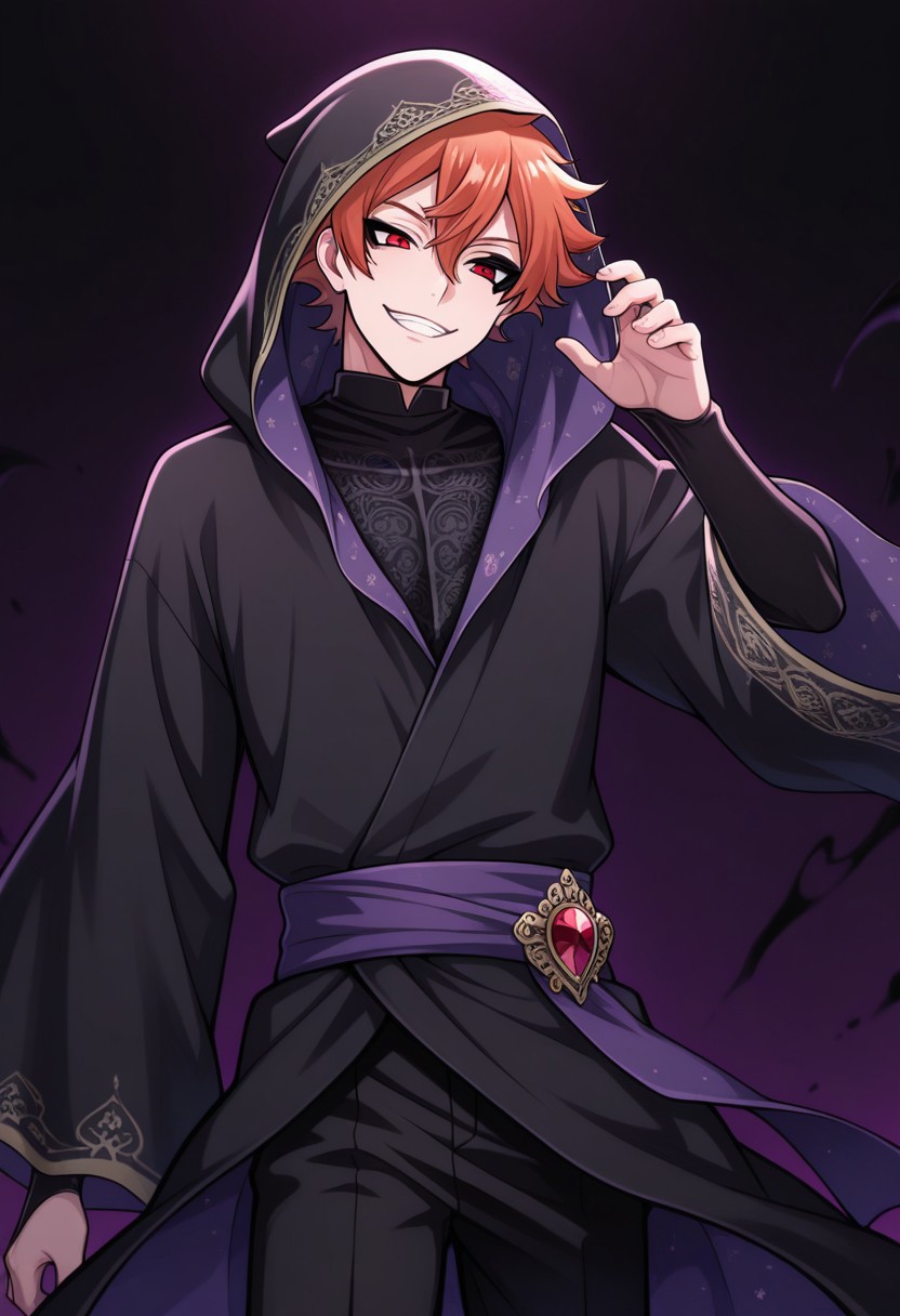 masterpiece,best quality,amazing quality, source_anime, 
acetrappola, 1boy, male focus, solo, red eyes, orange hair, facial tattoo, heart tattoo, black tattoo, shirt, black shirt, robe, black robe, hood, purple sash, wide sleeves, bridal gauntlets, pants, black pants, grin, darkness,