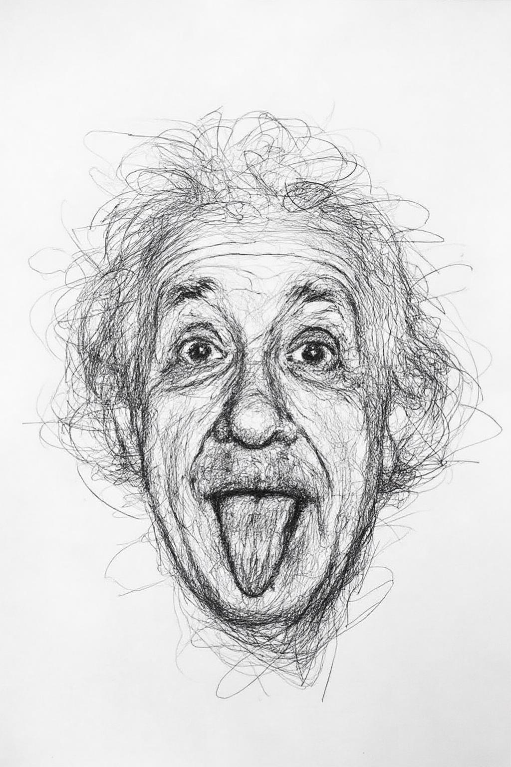 Drawing depicting the face of Albert Einstein. He is making a face. <lora:scribble1_nbm_d6a3:1.0><lora:822519596478350540:0>