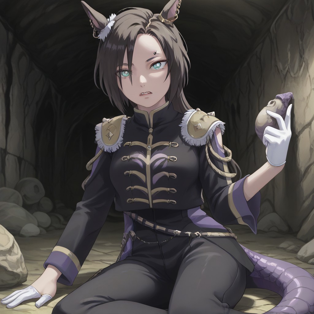 Naruto_Manda, (hybrid snake human), female, purple religious tunic, sleeves, hood, scaly skin, (scales:2), green eyes, reptile eyes, inside cave, human bones on floor, jewelry, holding human skull, airshakurprime, low wings, horse tail, sharp teeth, horse ears, ear ornament, single ear cover, horns, heterochromia, purple eyes, yellow eyes, black jacket, epaulettes, aiguillette, long sleeves, white gloves, black pants, eyebrow piercing, ear piercing
