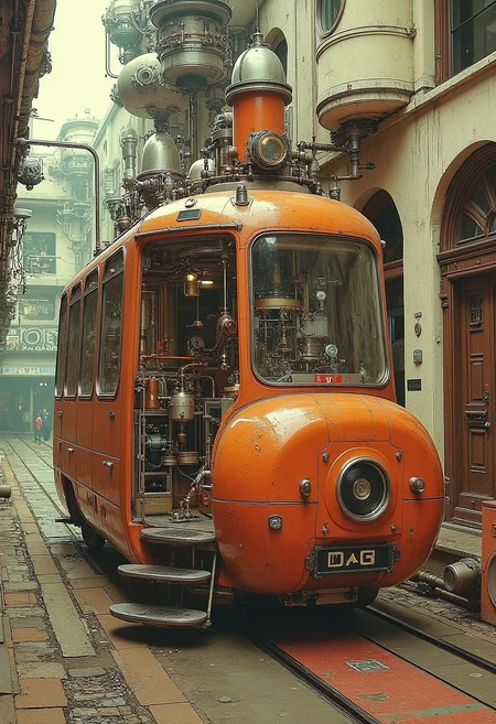 YFG-Asak , Steampunk Illustration featuring a detailed steam-powered vehicle, intricate mechanical elements, gears, and pipes, vibrant and muted colors, browns, and blues, Victorian-era architecture in the background, smoky atmosphere, high contrast, capturing a sense of industrial revolution and adventure, highlighting the unique design of the steam-powered vehicle and the intricate details of the setting.