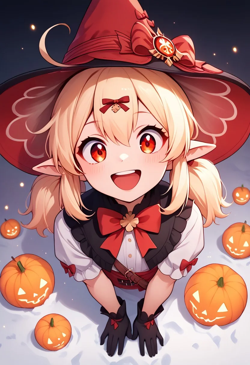 score_9, score_8_up, score_7_up, score_6_up, score_5_up, score_4_up,
zzKlee, hair between eyes, red eyes, ahoge, blonde hair, long hair, low twintails, pointy ears, twintails, bow, gloves, short sleeves, black gloves, alternate costume, sidelocks,
Pumpkin spell, burning pumpkins, smirk smile, crazy eyes,
outdoors, black and grey ruined buildings, winter, snow, perfection, 1gothic1, high angle view