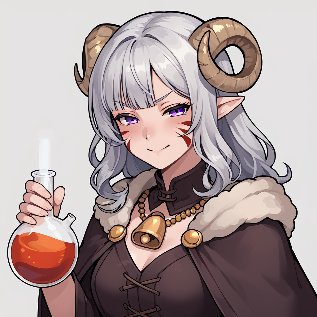 <lora:whisker_markings:0.8> red_whisker_markings:1.4, face paint,source_furry, score_7_up, rating_safe, cowboy shot, gold necklace, tiefing, short pointed ears, horns, (a pair of brown sheep Horns that begin at her temples and curve back: 1.5), bangs,long silver hair long wavy hair, pale skin, pointy ears, purple eyes:1.2, <lora:age_slider_v4:0.6>   medium breasts, skinny female, close up, silver hair <lora:Tieflingnew weird fantasyDND:0.3> Tiefling, pointed ears, horns, from above, angry, half-closed eyes:1.5, smile mouth:1.2,<lora:Smooth Style 2 SDXL_LoRA_Pony Diffusion V6 XL:0.5>  shepherd's crook, bell, robe, hood off, <lora:Nanoless_Artist_Style_PonyXL:0.3> ,  <lora:potion_round-bottom_flask:1> ((potion, round-bottom_flask)) , holding flask,