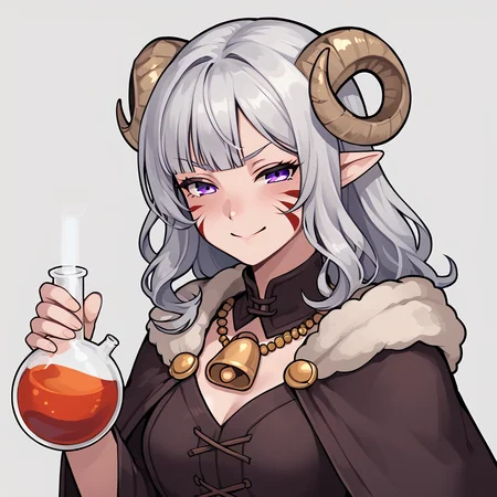 <lora:whisker_markings:0.8> red_whisker_markings:1.4, face paint,source_furry, score_7_up, rating_safe, cowboy shot, gold necklace, tiefing, short pointed ears, horns, (a pair of brown sheep Horns that begin at her temples and curve back: 1.5), bangs,long silver hair long wavy hair, pale skin, pointy ears, purple eyes:1.2, <lora:age_slider_v4:0.6> medium breasts, skinny female, close up, silver hair <lora:Tieflingnew weird fantasyDND:0.3> Tiefling, pointed ears, horns, from above, angry, half-closed eyes:1.5, smile mouth:1.2,<lora:Smooth Style 2 SDXL_LoRA_Pony Diffusion V6 XL:0.5> shepherd's crook, bell, robe, hood off, <lora:Nanoless_Artist_Style_PonyXL:0.3> , <lora:potion_round-bottom_flask:1> ((potion, round-bottom_flask)) , holding flask,