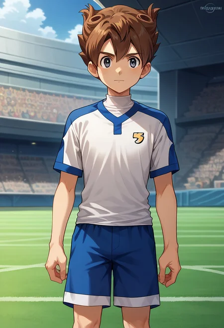 score_9, score_8_up, score_7_up, source_anime, highly detailed, 
tenma, 1boy, male focus, solo, brown hair, grey eyes, sportwear, soccer uniform, turtle neck, white shirt, blue shirt, multicolored shirt, shorts, blue shorts, galaxy soccer uniform, 
outdoor,