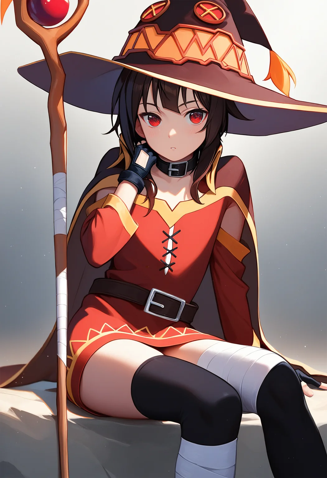megumin, 1girl, solo, thighhighs, witch hat, gloves, fingerless gloves, bandages, staff, cape, belt, single thighhigh, collar, black thighhighs, looking at viewer, black gloves, bandaged leg, blush, hand on headwear, sitting,
<lora:konosuba_collection_v2:1> source_anime, score_9, score_8_up, score_7_up, score_6_up, absurdres, masterpiece, best quality, very aesthetic