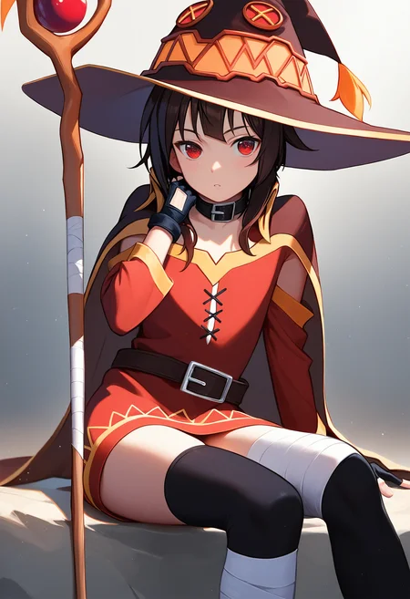megumin, 1girl, solo, thighhighs, witch hat, gloves, fingerless gloves, bandages, staff, cape, belt, single thighhigh, collar, black thighhighs, looking at viewer, black gloves, bandaged leg, blush, hand on headwear, sitting,
<lora:konosuba_collection_v2:1> source_anime, score_9, score_8_up, score_7_up, score_6_up, absurdres, masterpiece, best quality, very aesthetic