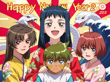 focus on ((3girls)), shimabara ushio, shimabara minami, shimabara yuuhi, 1boy, joel \(neo ranga\),
(HAPPY NEW YEAR 2025:2.5),white snake, mountain, falcon, Eggplant, waves, sunburst,
masterpiece, best quality, very aesthetic, highres, sensitive,
official style, masterpiece, best quality, amazing quality, very aesthetic, absurdres,
<lora:shimabara_yuuhi_neo_ranga_IllustriousXL01_lora_20241002_epoch_18+12+12:0.8>