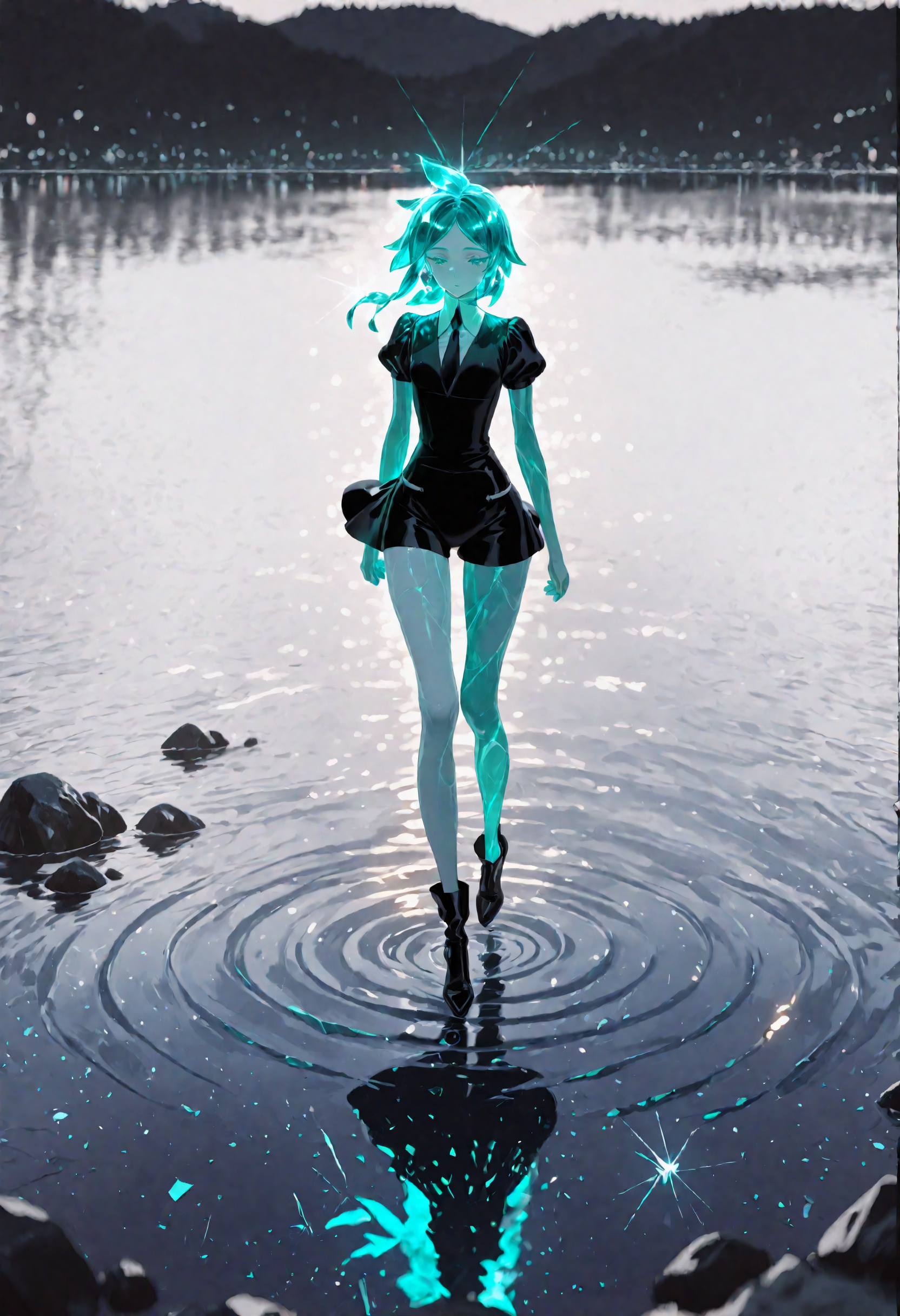 masterpiece, best quality, newest, absurdres, highres, very awa, anime screencap, film grain, limited palette, no lineart, ambient occlusion, depth of field, intricate background, 1girl, phosphophyllite, gem uniform \(houseki no kuni\), long hair, crystal hair, solo, star \(sky\), aqua hair, broken, colored eyelashes, glowing hair, starry sky, full body, sky, reflection, dress, standing, walking, earrings, standing on liquid, ripples, boots, high heels, night sky, night, outdoors, breasts, reflective water, pantyhose, water, 