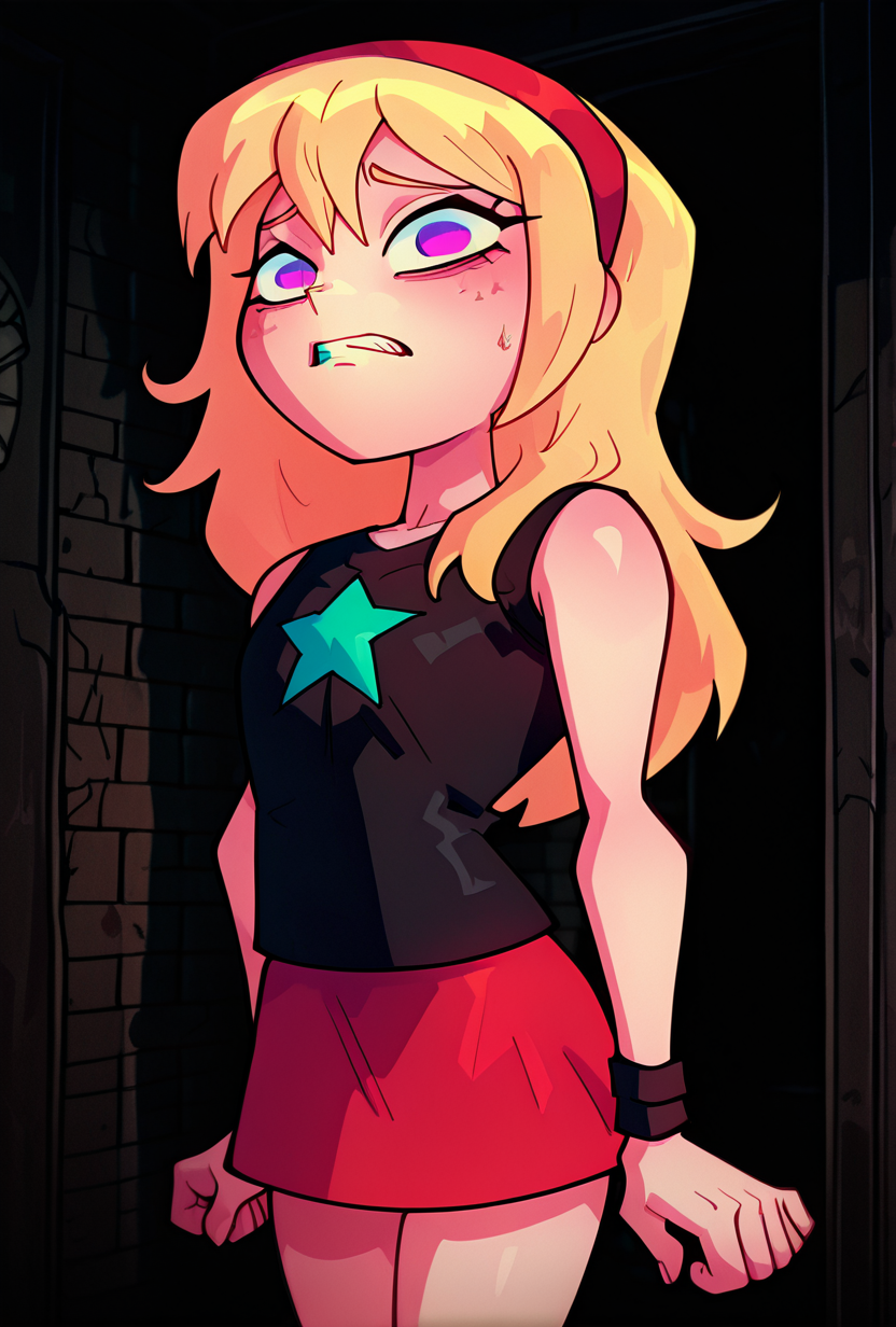 ((cartoon, screencap, )) <lora:lucysmall:1> lucysmall, solo, long hair, blonde hair, red hairband, black shirt, sleeveless, flat chest, star (symbol), purple eyes , tank top, wristband, miniskirt, red skirt, dynamic pose, ((looking at viewer)), clenched teeth, small pupils, scared, constricted eyes, inside haunted house, black background,, abandoned house, black brick walls <lora:sakfsdajfkasd:1> alpharecdyt, masterpiece, best quality, amazing quality, very aesthetic, absurdres, newest,