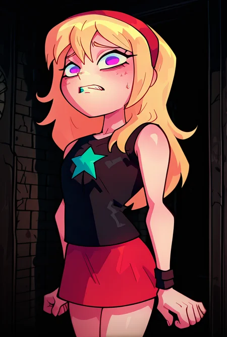 ((cartoon, screencap, )) <lora:lucysmall:1> lucysmall, solo, long hair, blonde hair, red hairband, black shirt, sleeveless, flat chest, star (symbol), purple eyes , tank top, wristband, miniskirt, red skirt, dynamic pose, ((looking at viewer)), clenched teeth, small pupils, scared, constricted eyes, inside haunted house, black background,, abandoned house, black brick walls <lora:sakfsdajfkasd:1> alpharecdyt, masterpiece, best quality, amazing quality, very aesthetic, absurdres, newest,