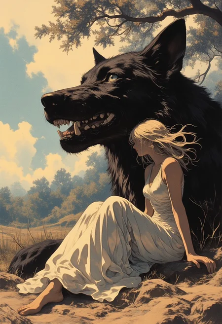mythp0rt, ArsMJStyle, FFAIM, ne0nfant4sy, grainy, atmospheric, impressionism, style is detailed and epic, absolutely massive scale, person in sheer white dress sitting next to huge wolf, confident natural woman with long blonde hair blowing in wind, clear sky, hand reaching out and touching wolf face affectionately, wolf has open mouth with tongue hanging out and sharp teeth, hazy summer sun shining through pine leaves to create dappled shadows, HDR, huge enormous wolf lying curled around person protectively, extremely detailed, simple sheer white sleeveless dress revealing naked curved body, lens flare from the heat, hazy summer sky, sitting under a pine tree in a dry field next to small stream, the sky is hazy with soft clouds, the person has a comfortable pose as she leans against the wolf, shiny black messy shaggy fur, close up view, cropped view, dynamic angle, dynamic composition,