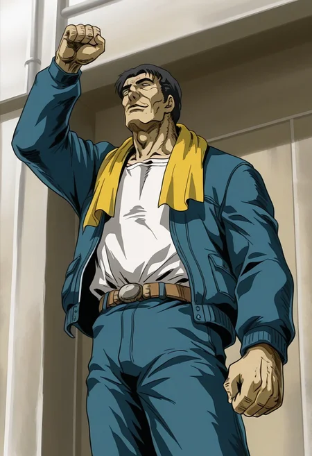 masterpiece, general, best quality, amazing quality, very aesthetic, ultra-detailed, absurdres, highres, best hands, guizuo \(style\), 1man, male focus, solo, black short hair, middle-aged man, yellow towel around neck, blue jacket, open clothes, white shirt, shirt tucked in, blue pants, brown belt, kuinashi,