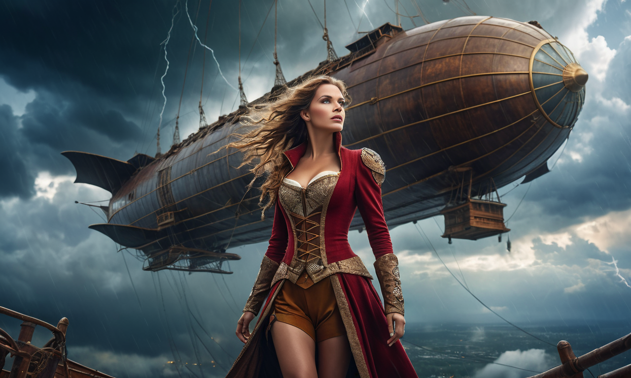 (masterpiece), (best quality), (ultra-detailed), A beautiful woman modestly dressed in a fantasy themed costume standing in a massive, rusting airship floating through the sky, surrounded by storm clouds and flashing lightning., focus is on the background, illustration, disheveled hair, detailed eyes, perfect composition, moist skin, intricate details, earrings, cinematic still A beautiful woman modestly dressed in a fantasy themed costume standing in a massive, rusting airship floating through the sky, surrounded by storm clouds and flashing lightning., focus is on the background . emotional, harmonious, vignette, highly detailed, high budget, bokeh, cinemascope, moody, epic, gorgeous, film grain, grainy, A beautiful woman modestly dressed in a fantasy themed costume standing in a massive, rusting airship floating through the sky, surrounded by storm clouds and flashing lightning., focus is on the background, dramatic, epic composition, intricate, elegant, highly detailed, still, dynamic, sharp, clear, crisp, artistic, color, rich deep colors, cinematic, modern, romantic