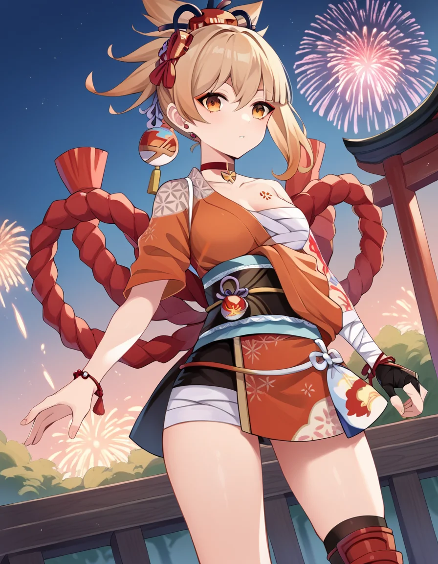 score_9, score_8_up, score_7_up, source_anime,
yoimiya, <lora:yoimiya-ponyxl-lora-nochekaiser:1>,
yoimiya, bangs, blonde hair, hair ornament, hair between eyes, ponytail, sidelocks, orange eyes, light brown hair,
thighhighs, gloves, jewelry, japanese clothes, choker, fingerless gloves, kimono, bracelet, sash, tattoo, bandages, obi, rope, asymmetrical legwear, pouch, sarashi, bandaged arm, red choker, arm tattoo, shimenawa, bandaged leg, chest tattoo, hadanugi dousa, orange kimono, single fingerless glove,
outdoors, shrine, fireworks, festival,
looking at viewer, dutch angle, cowboy shot,