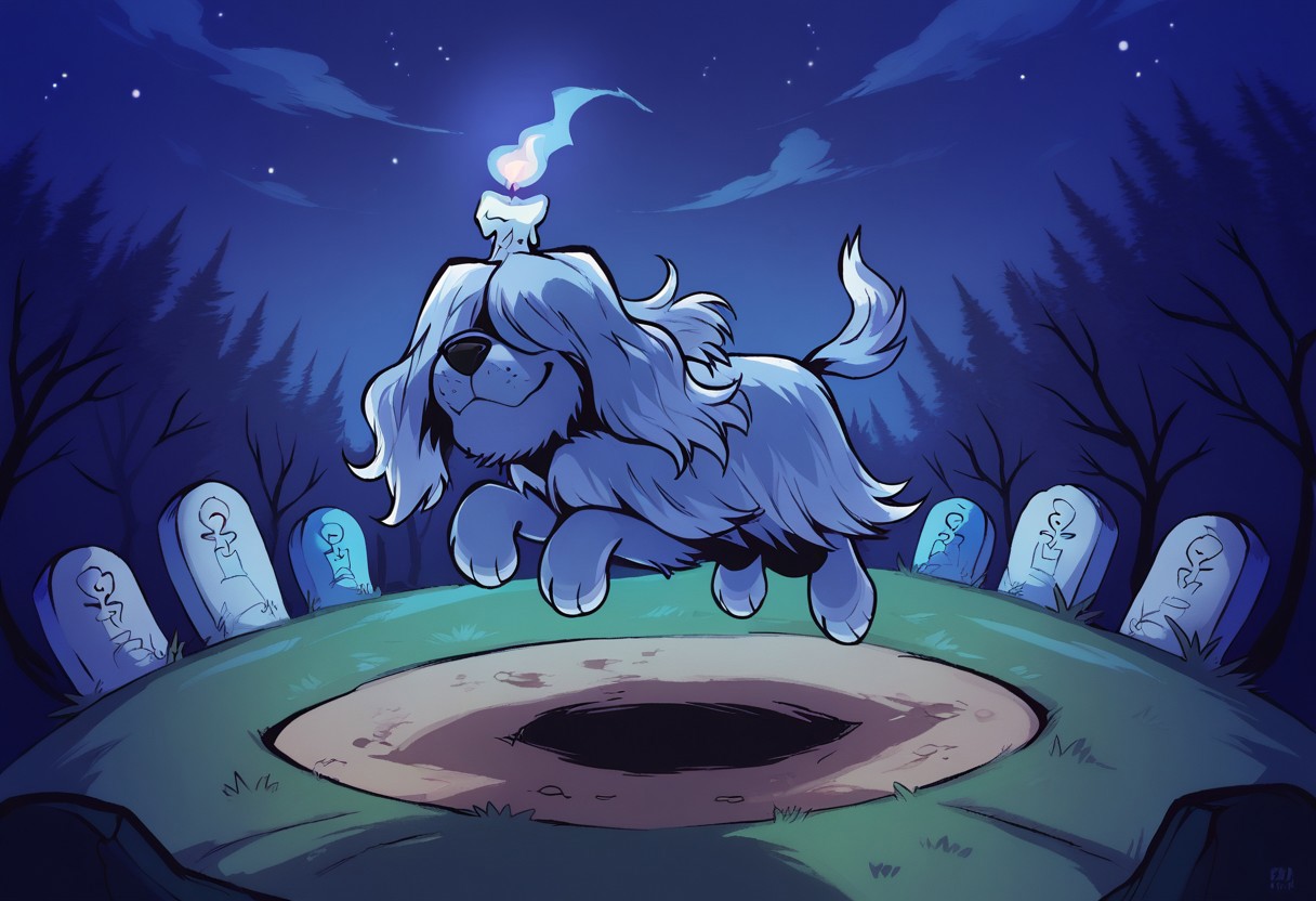 forest, night sky, looking at viewer, around neck, smile, dog tail, Cemetery, Grey Blue Fur,Candle in head,Hair covering eyes, full body, Jumping,