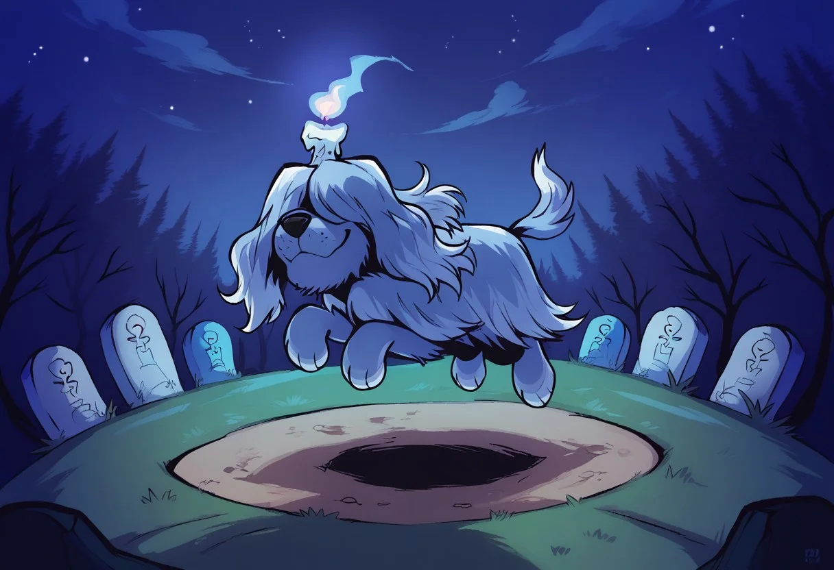 forest, night sky, looking at viewer, around neck, smile, dog tail, Cemetery, Grey Blue Fur,Candle in head,Hair covering eyes, full body, Jumping,