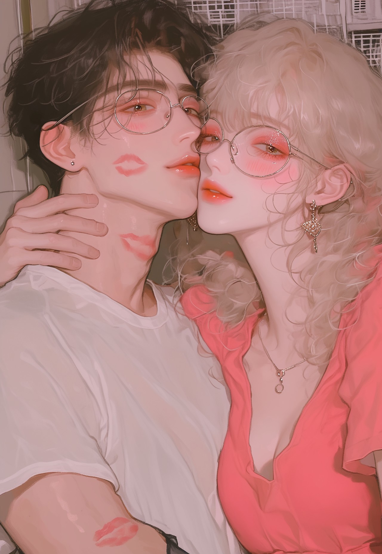 safe_pos, Score_9, score_8_up, score_7_up, score_6_up, score_5_up, score_4_up, (girl and boy), detailed background, ultra-detailed, indoors 
BREAK, 
((1girl), beautiful woman, beauty's, cute, beautiful petite girl, earrings, makeup, eyeliner, blushing, detailed face, sexy, breasts, long_hair, bangs, wearing, slip dress)
BREAK,
((1boy), handsome young man, wearing t-shirt, wearing eyeglasses, korean man)
BREAK, 
happy, couples, anime, source_anime, Couple, 1girl, 1boy, asian, korean, idols, couples focus, arm around neck, hugging, lipstick marks on man