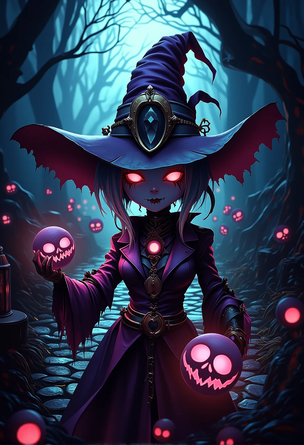 bv-twiwonsty. An over-the-shoulder view of a witch, casting spells towards twisted woodland creatures, with glowing runes illuminating the scene. , <lora:bv-twisted-wonderland-style-v1.safetensors:1.0:1.0>