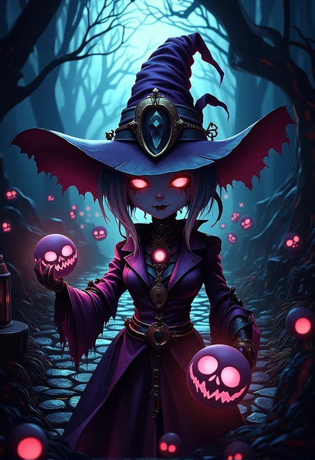 bv-twiwonsty. An over-the-shoulder view of a witch, casting spells towards twisted woodland creatures, with glowing runes illuminating the scene. , <lora:bv-twisted-wonderland-style-v1.safetensors:1.0:1.0>