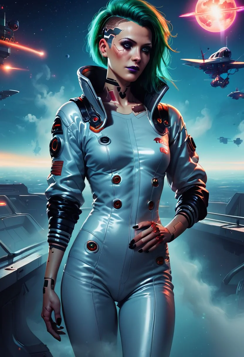 score_9, score_8_up, score_7_up, cyberpunk style, 1girl, extremely beautiful woman, wearing a vibrant neonpunk spacesuit, petite, exploring city, atmospheric perspective, fog, sunbeam, no characters, space ship, control panels, buttons