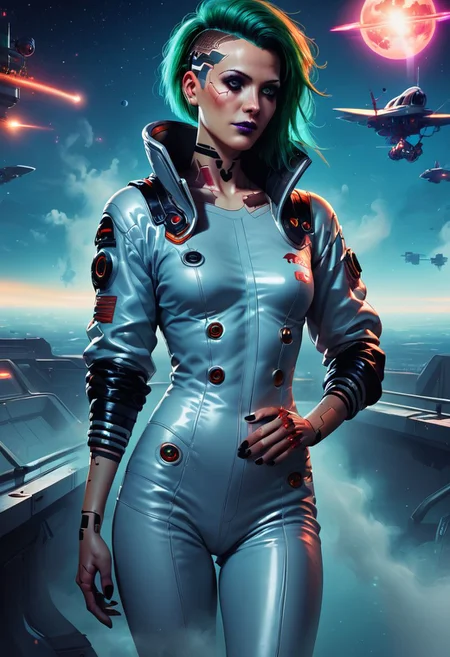 score_9, score_8_up, score_7_up, cyberpunk style, 1girl, extremely beautiful woman, wearing a vibrant neonpunk spacesuit, petite, exploring city, atmospheric perspective, fog, sunbeam, no characters, space ship, control panels, buttons