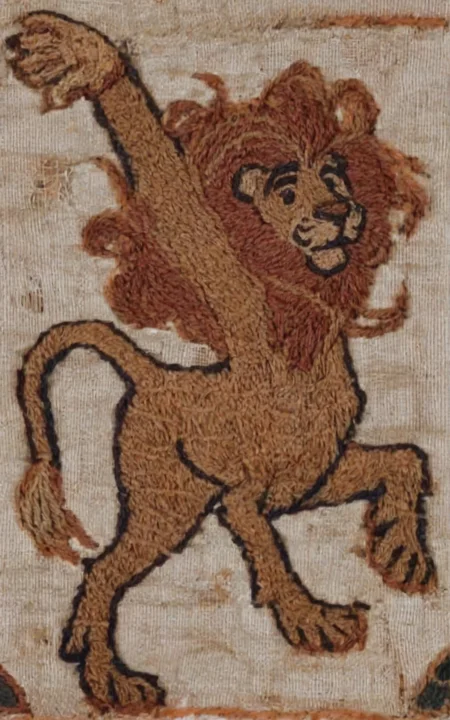 <lora:bayeux_pony_v1:1> bayeux, an embroidered tapestry with a lion jumping, score_9, score_6_up, score_7_up