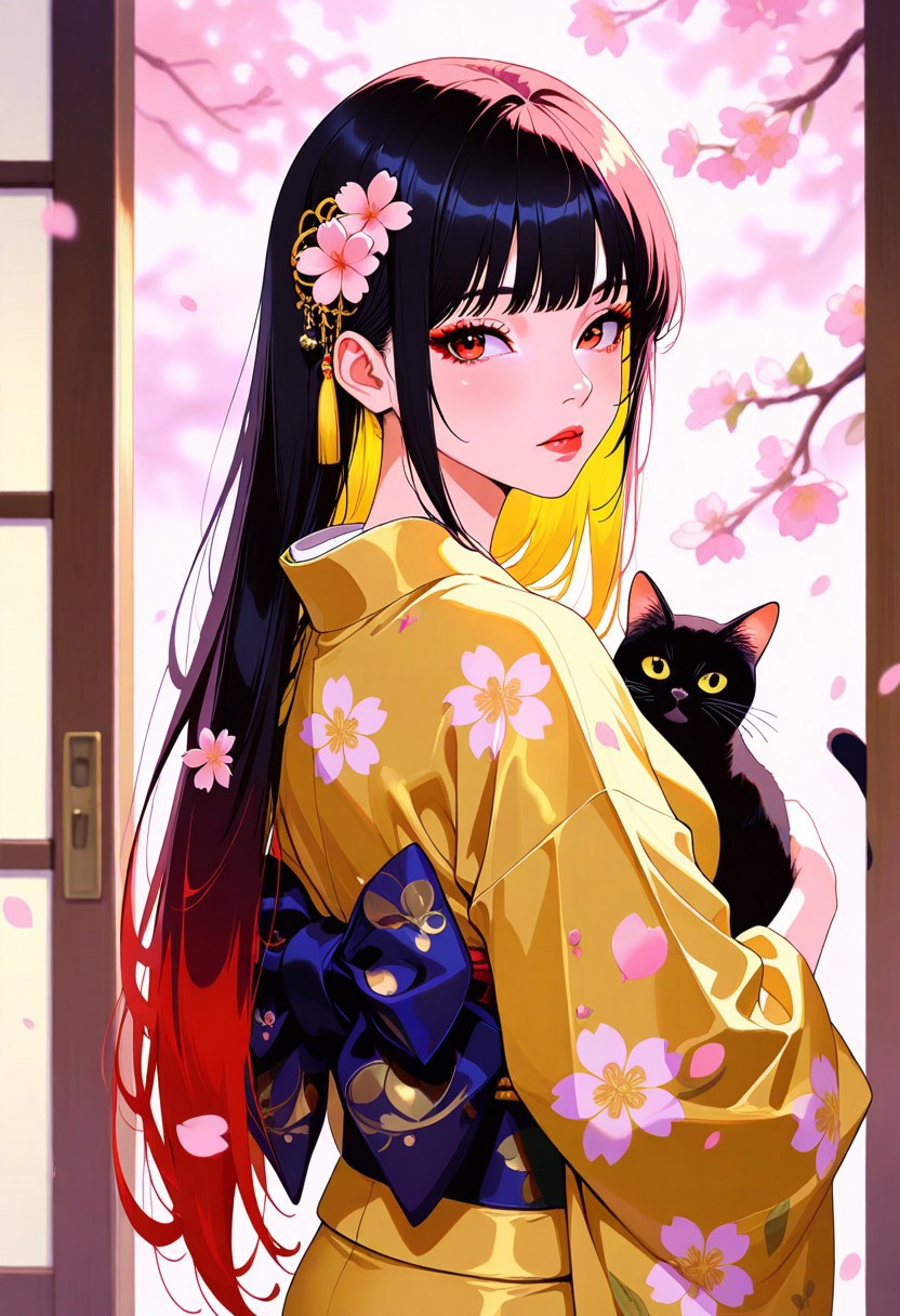 masterpiece, best quality, good quality, very aesthetic, absurdres, newest, 8K, depth of field, focused subject, artist:moriimee, BREAK  intricate linework with expressive contrasts, soft lighting with dynamic highlights, image of a Japanese woman in a silk red and gold kimono, long bioluminescent hair, bangs, sakura flower in her hair, holding a black cat on a wooded trail, turning her head to look back at the viewer