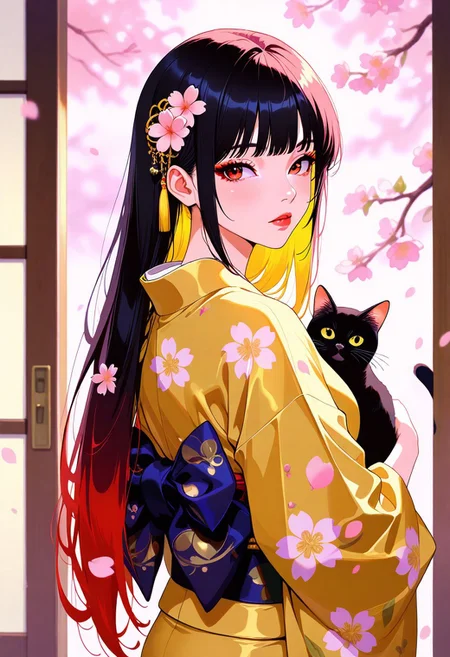 masterpiece, best quality, good quality, very aesthetic, absurdres, newest, 8K, depth of field, focused subject, artist:moriimee, BREAK  intricate linework with expressive contrasts, soft lighting with dynamic highlights, image of a Japanese woman in a silk red and gold kimono, long bioluminescent hair, bangs, sakura flower in her hair, holding a black cat on a wooded trail, turning her head to look back at the viewer