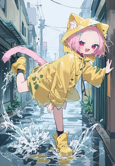 amazing quality, high resolution, high detail, newest, cute details, absurdres, hires, chromatic abberation, 1girl, solo, :D, having fun, delighted expression, smug, short hair, pink hair, cat girl, cat ears, ear fluff, cat tail, hooded jacket, raincoat, hood_up, face focus, kicking, kicking a rain puddle, splashing water, hair ornament, forehead , rain, <lora:NanmoKaken>, full body, city, detailed background