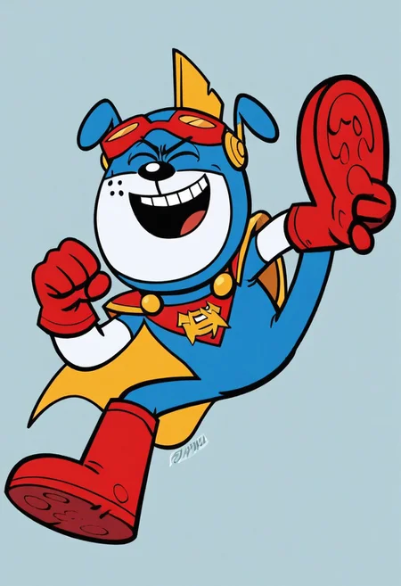 (score_9 | score_8_up | score_7_up) ((masterpiece:1))(best quality,very high quality,ultra detailed:1.2) (2D,cartoon style,anime style)(Smooth:2)(clean blurring) (four fingers on each hand,one thumb on each hand:1), solo, charles, dog, paws, dog paws, black spot on left eye, white, white fur, allá fours, happy, red blue and yellow super hero costume, blue super hero costume, super hero, red goggles, two side winged headpiece, yellow cape, thick red boots, red glove, 'A' Logo in the middle,