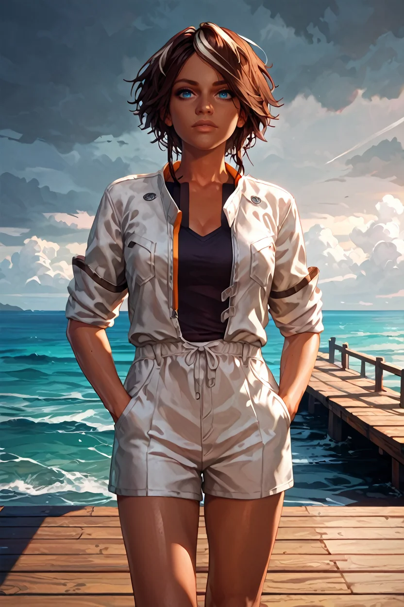 score_9, score_8_up, score_7_up, score_6_up
<lora:RMNilin:1.0>
RMNilin, 1girl, brown hair, white streaks, dark skin, blue eyes, standing on a pier, looking out at the ocean, hands in pockets, overcast sky with hints of sunlight breaking through, calm and introspective atmosphere