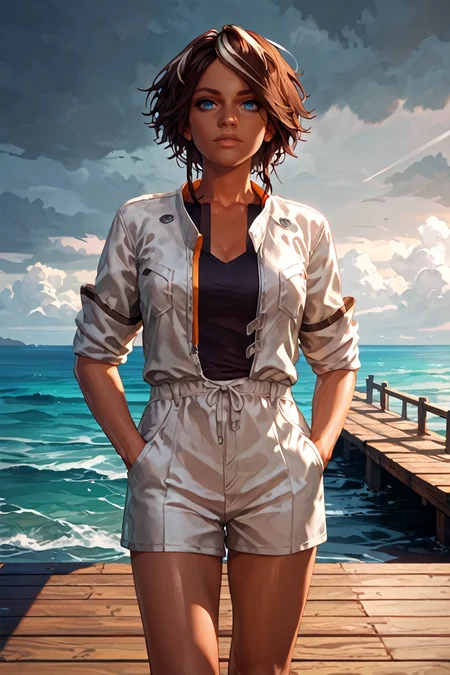 score_9, score_8_up, score_7_up, score_6_up
<lora:RMNilin:1.0>
RMNilin, 1girl, brown hair, white streaks, dark skin, blue eyes, standing on a pier, looking out at the ocean, hands in pockets, overcast sky with hints of sunlight breaking through, calm and introspective atmosphere