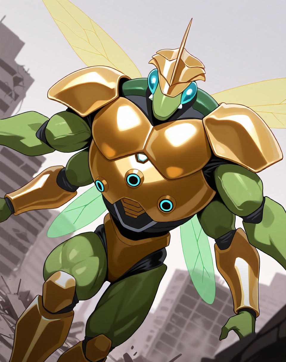<lora:Ultimate_Katris_(Shinzo)_(Illustrious)_(AD):1.35> Ultimate Katris, muscular, mantis, Shinzo, 
((
exterior, bent leg, anime post apocalyptic city, destroyed buildings, destroyed skyscrapers, buildings laying at an angle or on the side, dutch angle, cowboy shot, 
dynamic action, insect anthro, male focus, strong warrior, manly, bounty hunter, villain, glossy gold armor, manly, masculine, 4arms, four armed, perfect proportions, green body, glowing transparent wings, gold helmet, 
)), 
BREAK: very awe, aesthetically pleasing, masterpiece, best quality, amazing quality, very aesthetic, perfect depth of field shot, gradient coloring, subsurface reflections, source_furry, furry_art, vivid colors, source_anime, masterclass anime, 8K CGI render, 
masterpiece, best quality, amazing quality, very aesthetic, high resolution, ultra-detailed, absurdres, newest, scenery, {Prompt}, BREAK, detailed background, volumetric lighting,
BREAK: lazympos, lazypos (3),