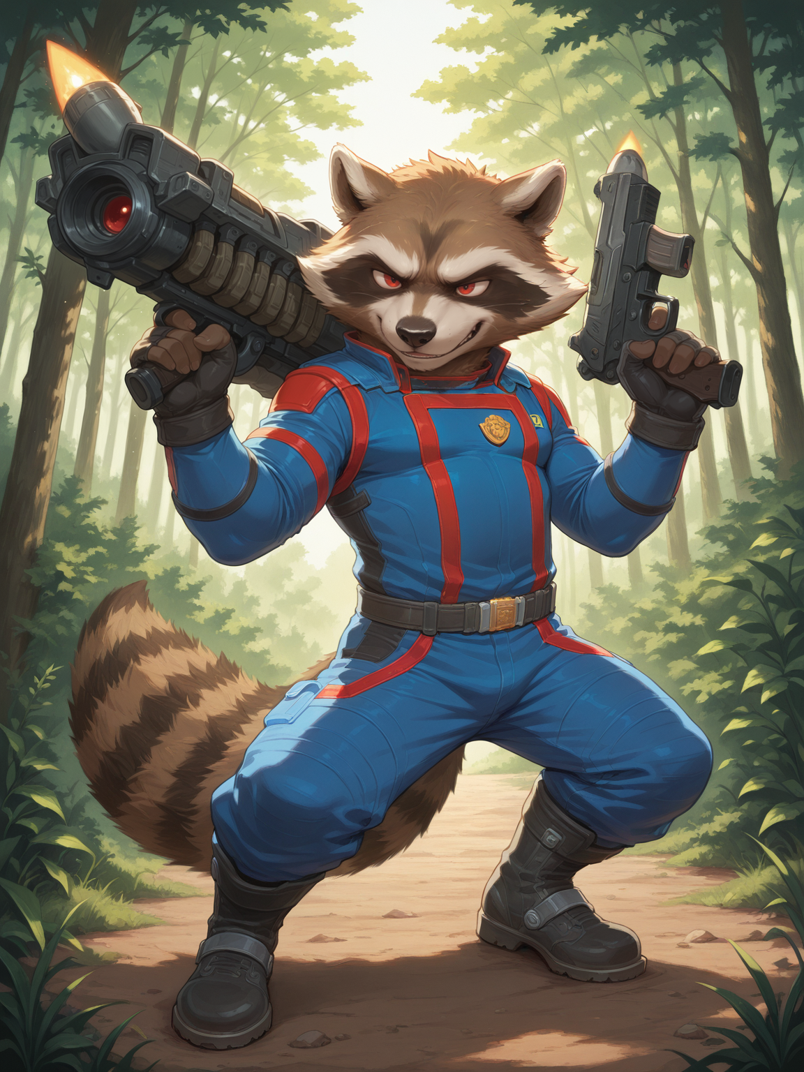 <lora:RocketRaccoon-GOTG-illustriousXL-000014:0.8>,rocket raccoon,furry,1boy,solo,bara,red eyes,combat uniform,gloves,belt,pants,boots,fighting_stance,holding gun,nature,full body,digital painting,artwork,anime style,masterpiece,best quality,amazing quality,