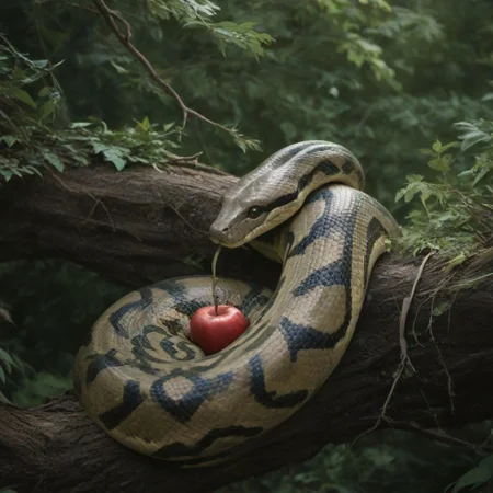 green snake sitting in a tree, biting an apple, tree, branches, bark, leaves, view from above, coiling around apple,
bigasssnek, feral snake, Score_PnyReal,
