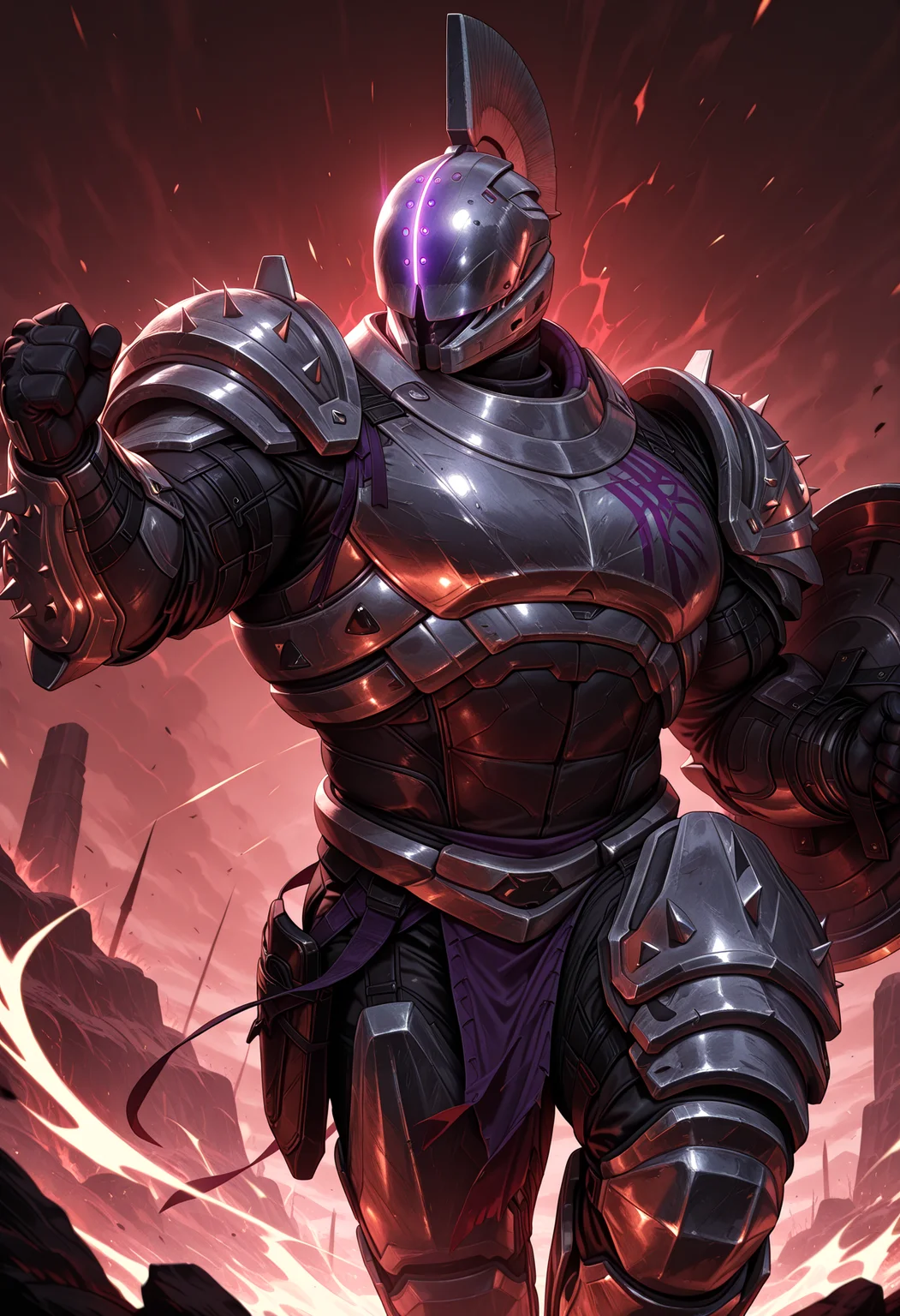 solo, male focus, s4int-14, muscular, large pectorals, broad shoulders, armor, holding shield, dynamic pose, <lora:illustriousXL_stabilizer_v1.7:0.8> <lora:Saint-14_Destiny_V1_ILXL:0.8>, perfect anatomy, masterpiece, perfect quality, best quality, absolutely eye-catching, detailed, newest, very aesthetic