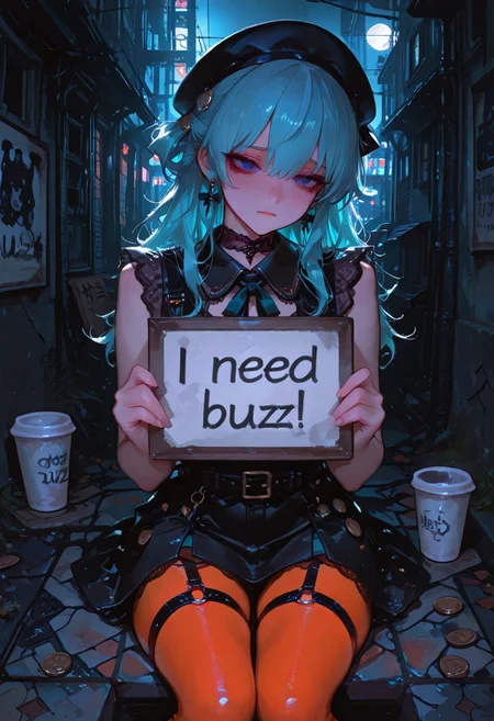 ((1girl)), gorgeous girl, kawaii girl, cute face, masterpiece, best quality, very awa, absurdres, Hochimachi_suisei, 748cmstyle,  masterpiece, best quality, Good quality, very aesthetic, absurdres, newest,1girl, light rays, moon, solo, gradient color, need_buzz, holding sign
BREAK
ultra-detailed, 8K, illustration, CG, ultra-detailed-eyes, detailed background, ambient occlusion, raytracing, soft lighting, absolutely eye-catching, intricate cinematic background, (beautiful face) , eyelashes, coy, dynamic action image, detailed face, detailed  eyes
BREAK
(depressed, gloomy, dead inside),
BREAK
sitting sidewalk, night, Old crumpled bills and coins in a cup, gloomy expression, dead inside, sad, exhausted eyes, messy hair, worn out outfit, abandoned city atmosphere, cracked pavement, neon lights reflecting on wet ground, cinematic lighting, dark color palette, dramatic, emotional scene, need_buzz, holding sign,
half updo, black beret, black dress, collared dress, sleeveless, bow earrings, lace choker, neck ribbon, black belt, orange pantyhose, o-ring thigh strap, single garter strap, hair ornament