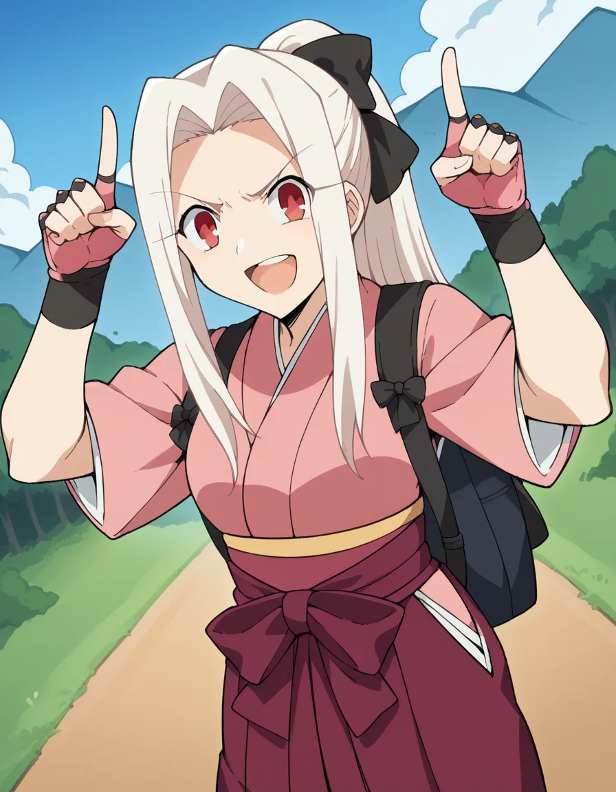 score_9, score_8_up, score_7_up, source_anime, <lora:irisviel-von-einzbern-zero-anime-ponyxl-lora-nochekaiser:1>, irisviel von einzbern, long hair, red eyes, white hair, parted bangs, hair intakes, mature female,, bow, ponytail, hair bow, japanese clothes, kimono, sash, hakama, purple hakama, gloves, pink kimono, hakama skirt, black bow,, mountain trail, hiking, nature, backpack, adventure, fresh air, smile, <lora:horns-pose-ponyxl-lora-nochekaiser:1>, horns pose, index fingers raised, angry, steam, open mouth, shouting, anger vein,, looking at viewer, solo,, dutch angle, cowboy shot