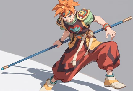 score_9, score_8_up, score_7_up, 1boy, (((terranigmark))), spiky orange hair, pauldrons with faces, jeweled headband, print shirt, green sleeves, bracelets, belt with dangling straps, red baggy pants, shoes, holding blue bo staff, ((solo)), (((smile)))