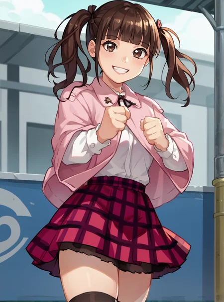 score_9, score_8_up, score_7_up, score_6_up, source_anime, (anime screencap), uncensored    anime coloring  anime coloring,   <lora:KaguraIzumi:0.8>kaguraizumi, 1girl, solo, skirt, smile, thighhighs, bangs, plaid, brown hair, blunt bangs, plaid skirt looking at viewer,  ,twintails,  two side up,  thick thighs,,  fighting stance, brown eyes