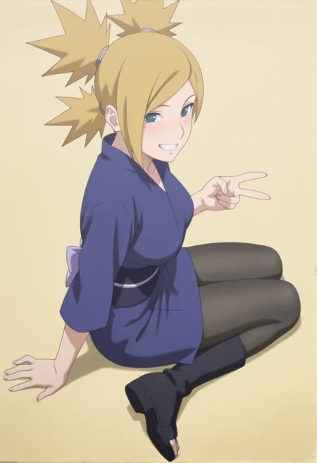 anime screencap, anime coloring, <lora:DX888Temari:1> nara temari, green eyes, blonde hair, quad tails, parted bangs,, BREAK short kimono, obi, pantyhose, open-toe boots, BREAK simple background, yellow background, BREAK 1girl, blush, breasts, grin, gyaru v, looking at viewer, sitting, solo, thighs, v, arm support, (from above:1.2), (from side:0.9)