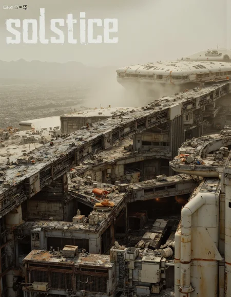 By Paul Chadeisson. A photo-realistic shoot from a bird's eye view about a futuristic cityscape in a post-apocalyptic setting, featuring a mix of industrial and sci-fi elements. the image also shows a vast expanse of industrial buildings and structures, with a hazy, desert-like atmosphere. on the left side of the image, a large, rusted bridge stretches across the scene, while on the right side, another large, dilapidated structure is visible, partially obscured by a layer of dust. in the background, a distant cityscape stretches out into the distance, with distant mountains and a distant river visible. the overall color palette is muted, with shades of beige and brown, giving the image a dystopian feel. the text "solstice = 5" is written in bold, white letters at the top, with the words "a film by paul chadisson" written in smaller, black letters below it.