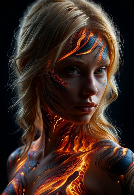 Close-up face, mysterious silhouette of a nordic blonde woman ral-lava clothing, backlit, alluring goddess, by Minjae Lee, Carne Griffiths, Emily Kell, Steve McCurry, Geoffroy Thoorens, Aaron Horkey, Jordan Grimmer, Greg Rutkowski, amazing depth, double exposure, surreal, geometric patterns, intricately detailed, bokeh, perfect balanced, deep fine borders, artistic photorealism , smooth, great masterwork by Suiras <lora:add-detail-xl:2> <lora:Double_Exposure:0.5>
