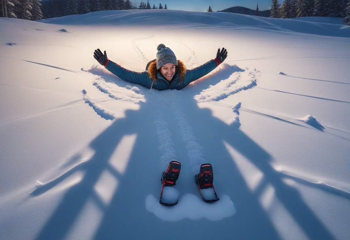 award winning, (professional photo) of (medium shot ) of lone skier making a snow angel, detailed face, located in a winter scene at a wintry snowy coast during dawn with windy weather, illuminated by glowing lanterns, creating a magical bright atmosphere, , creative, beautiful, vibrant, masterpiece, 64k, UHD, HDR, full view, atmospheric lighting, extremely detailed