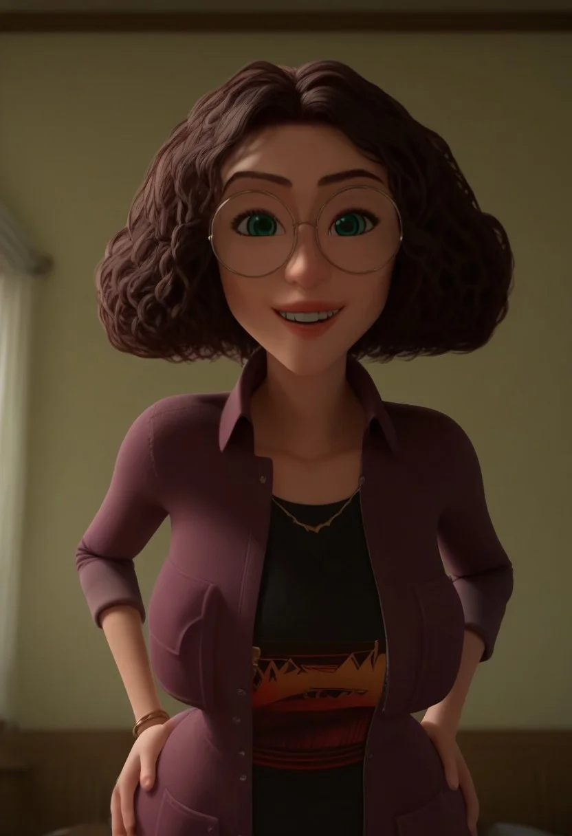 score_9,score_8_up,score_7_up, score_6_up, Score_5_up, Expressiveh, perfect eyes, (detailed face and eyes:1), source_cartoon, looking at viewer, perfect teeths, 1girl, solo, massive Breasts, wide areola, Colored, Venus body, motion blur, social smile, tall stature, thick thighs, narrow waist, big ass, huge ass, (fists on hips), standing, perfect eyes, head on, front pose, open eyes
BREAK: in a bedroom
BREAK
1girl, Solo, Tara_HI, light skin, green eyes, round glasses, dark brown eyebrows, dark brown hair, short hair, voluminous curly hair, pink lips, purple jacket, black t-shirt with print, blue skinny jeans, brown boots, bracelet, gold necklace, perfect smile, perfect lips, perfect teeths, tall stature