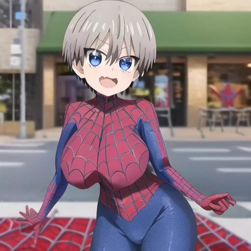 masterpiece, best quality, ultra-detailed, hana_uzaki_10000, three quarter photo,(((spiderman))),((spiderman uniform)), marvel comics, standing proudly, in new york