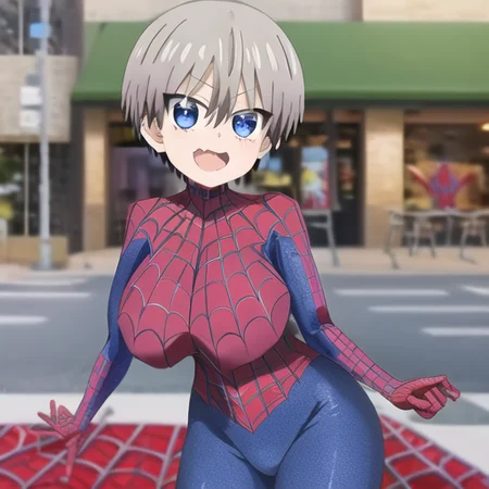 masterpiece, best quality, ultra-detailed, hana_uzaki_10000, three quarter photo,(((spiderman))),((spiderman uniform)), marvel comics, standing proudly, in new york
