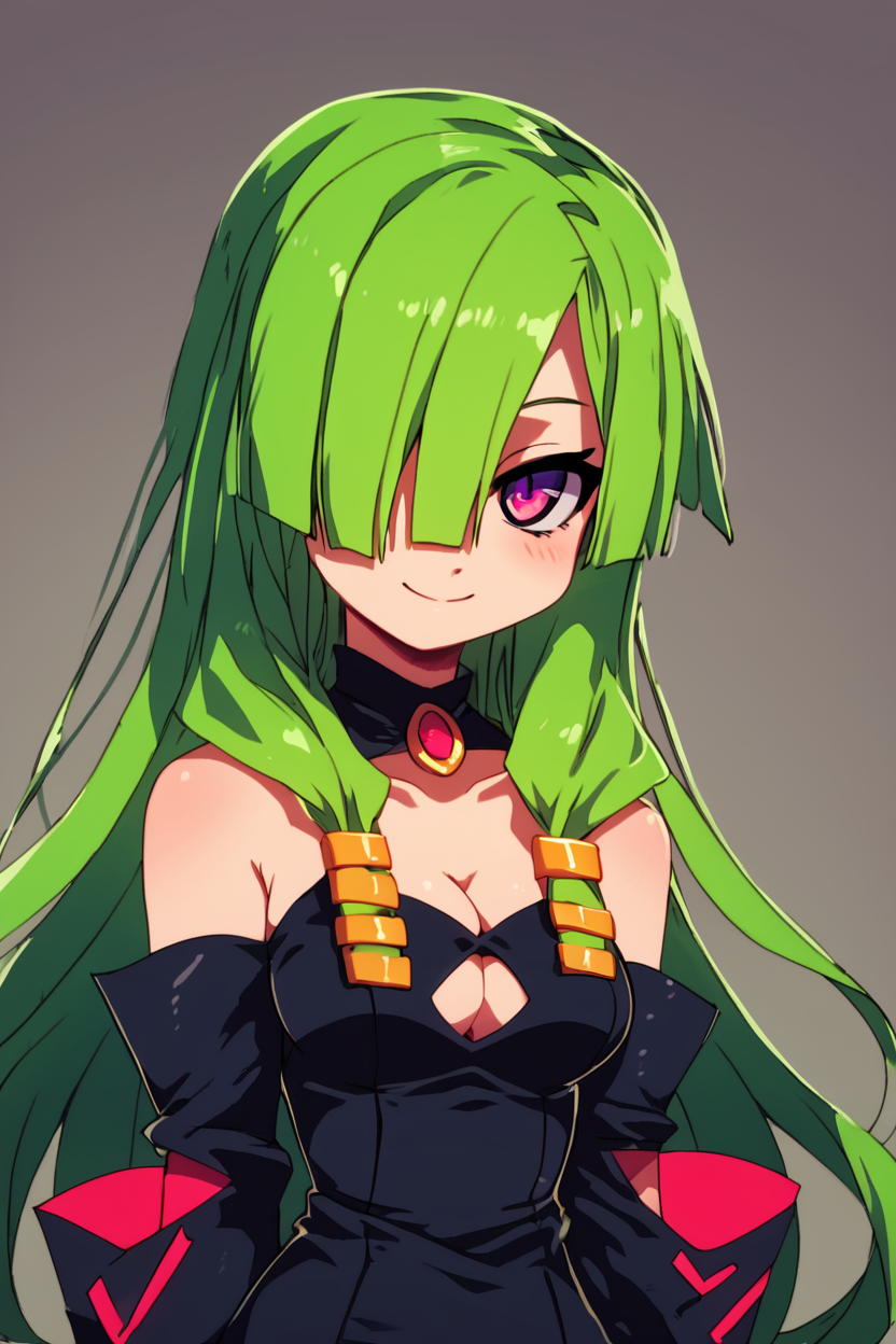 score_9, score_8_up, score_8, medium breasts, (curvy), cute, eyelashes,       ,,, , ,,, zzDoll, purple eyes, green hair, long hair, hair over one eye, bare shoulders, cleavage, detached sleeves, black dress, clothing cutout, <lora:DollTenchi_PDXL:1>,,,, BREAK, smile, looking at viewer, cowboy shot, ,,, embedding:zPDXL, Expressiveh, ,,, <lora:Zankuro_Style_PDXL:0.8> <lora:SDXLFaeTastic2400:0.5>, <lora:Expressive_H-000001:0.4>,