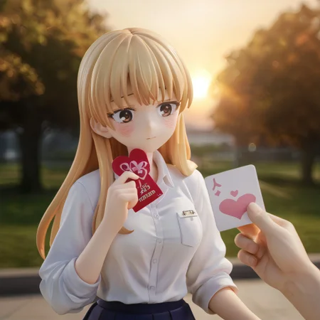 score_9_up, score_9, score_8_up, score_7_up, rating_explicit, ((best quality)), ((masterpiece)), 1girl, blushing, shy expression, delicate features, standing in a park, (POV hands), holding a valentine's day card, (heart-shaped card), offering, extended arms, (white shirt), (red ribbon), pleated skirt, soft breeze, golden sunset, romantic atmosphere, fallen leaves, gentle depth of field, cinematic lighting Yamada Anna Yamada_Anna, Anime_Screencap