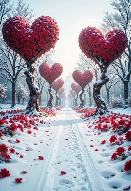 Surreal landscape image featuring a snow-covered path lined with symmetrical, frost-laden trees on both sides. The path is adorned with a series of large, heart-shaped formations filled with vibrant red flowers, creating a striking contrast against the pristine white snow. The sky is overcast with a soft, diffused light, enhancing the serene and dreamlike atmosphere. The composition leads the eye down the path, emphasizing depth and perspective, while the red hearts add a touch of warmth and romance to the wintry scene.